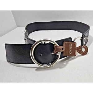 NEW MICHAEL KORS LG 36-37" 2" Wide O-Ring Belt Black Leather 552651 Logo Buckle